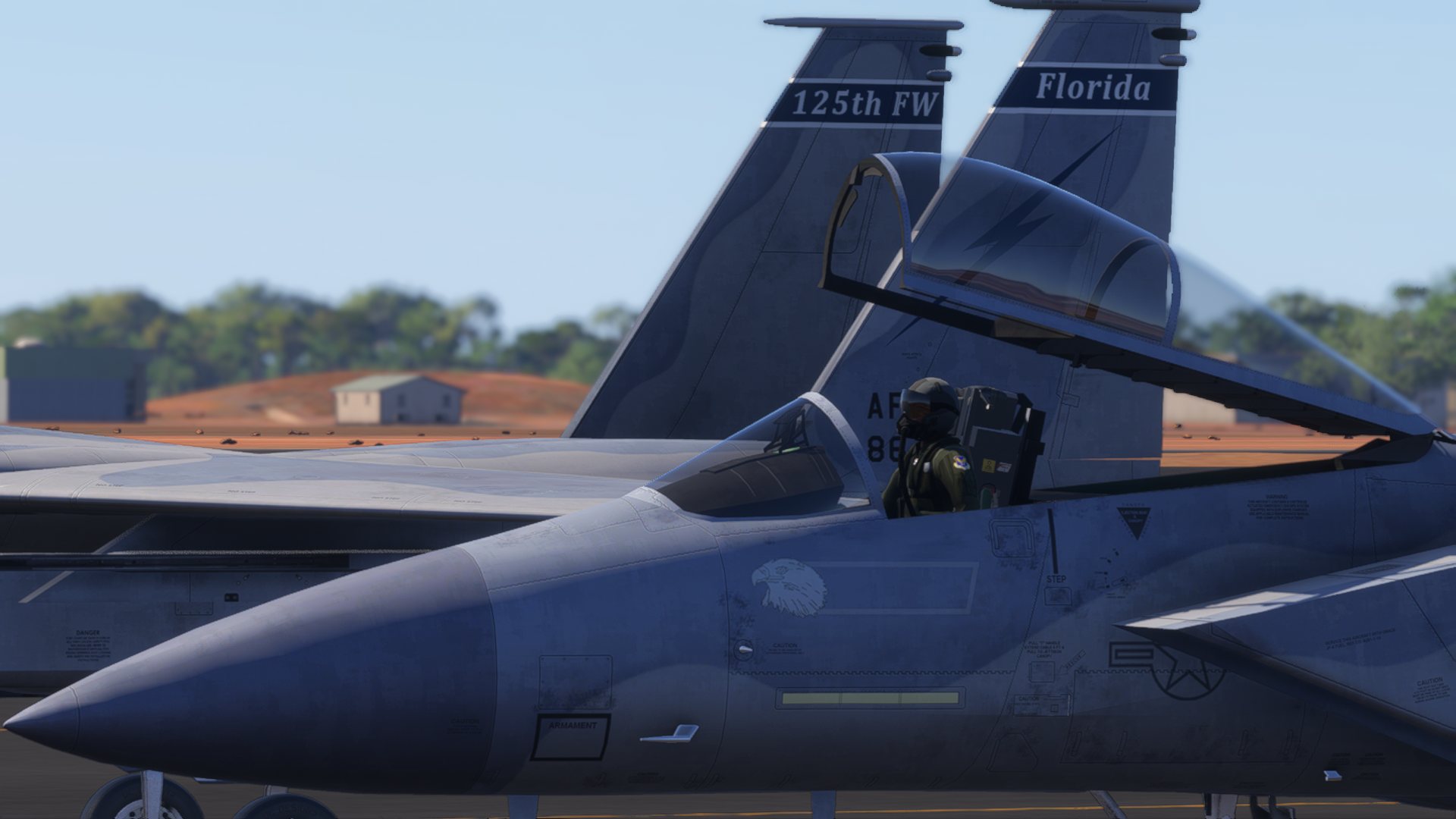 Virtual fighter aircraft and pilot on a military flight line